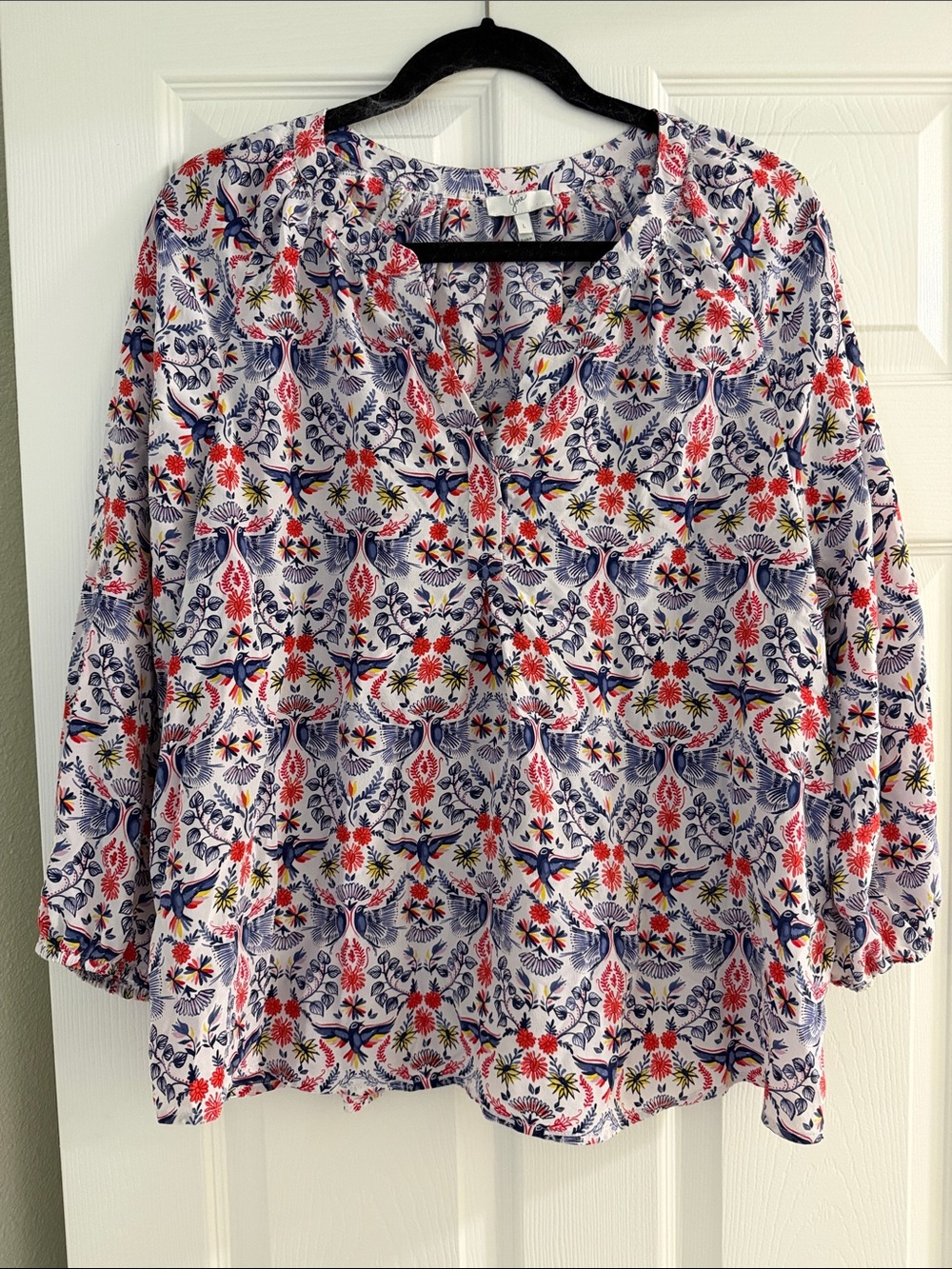 Joie White Multi Floral & Bird Print V-Neck Blouse